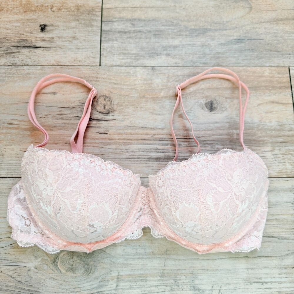 Victoria’s Secret Push-Up Demi Bra 34C Blush Pink Lace Hot Pink Lining Coquette